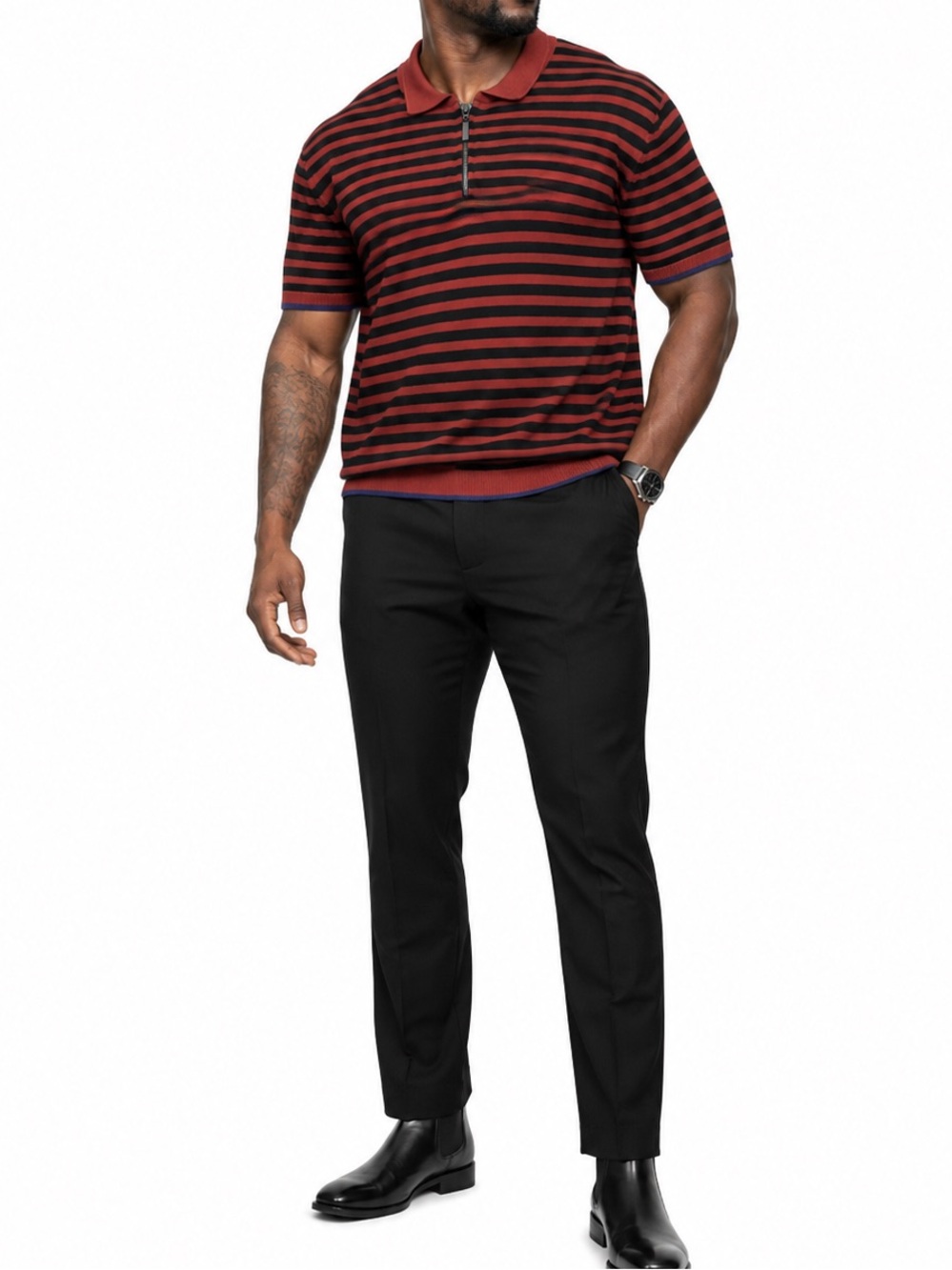 Topman Men’s XL Striped Knit Polo Shirt Rust Orange Black Short Sleeve Zip